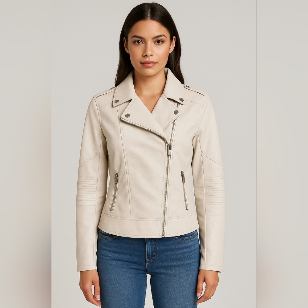 NWT Small Petite Soft Ivory GUESS Leather Touch Moto Jacket